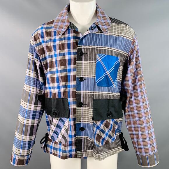 NICHOLAS DALEY Size M Blue Brown Plaid Cotton Side Ties Shirt Jacket - Picture 1 of 10